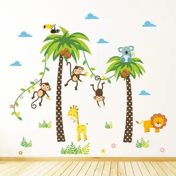Žirafa, Lev Opica Palme Gozdne Živali stenske nalepke za otroke, soba za Otroke, Spalnica, Stene Decals je Vrtec Dekor Plakat, Freska