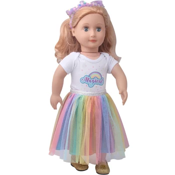 18-palčna Dekleta lutka obleko Mavrica natisnjeni T-shirt+gauzy krilo fit 40-43 cm baby Boy lutke Ameriški lutka obleko Igrače Darilo c905
