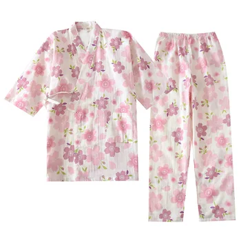 KISBINI Japonski Slog Bombaža Ženske Pižame Nastavite Sakura Natisnjeni Dolge Hlače+Vrhovi Ženski Homewear Pižame Poletje Sleepwear