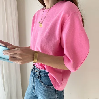 Priložnostne Trdna Majice Ženske Korejski Harajuku Bluze Elegantna Puff Pol Rokav Bombaž Vrhovi Bluzo Ženske 2021 Ženske Majice Blusas 10199