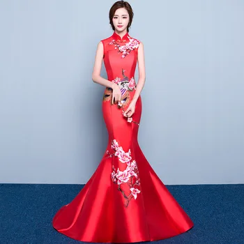 Rdeča morska deklica poroko čipke tradicionalne obleke za ženske cheongsam kitajski slog dolgo qipao večer 2016 visoke kakovosti saten