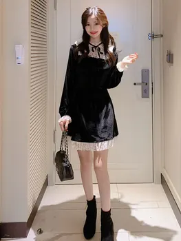 2020 Padec Nove Čipke Lok Povoj Šivanje Žamet Črna Obleka Ženska Long Sleeve Vintage Elegantno Hepburn Veter Božič stranka obleko