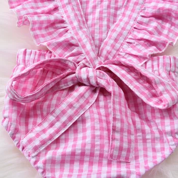 0-24M Newborn Baby Dekleta Bodysuits Oblačila Kariran Tiskanja Ruffles brez Rokavov Backless Jumpsuits 4 Barve