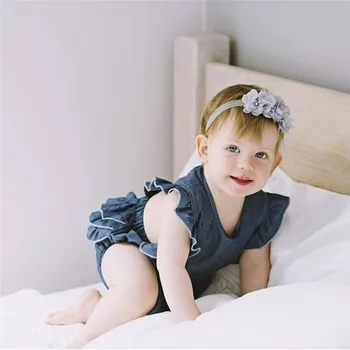 Poletje Novorojenčka Otroci Baby Girl Obleke Trdna brez Rokavov Denim Ruffle Jumpsuit+Glavo Obleke 2Pcs Set