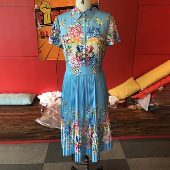 Poletje Obleko Plus Velikost M-3XL 2020 Priložnostne Ženska Moda Modra Cvjetnim Tiskanja Midi Urad Dame Delo Obrabe Naguban Obleke Letnik