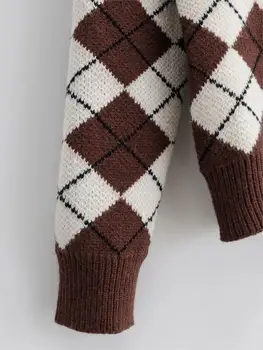 Foridol jeseni, pozimi argyle pleteni pulover potegnite femme anglija slog kariran letnik puloverji rjava priložnostne skakalec 2020