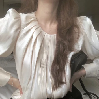 Gagaok Letnik Dva Kosa Iz Ženske 2020 Pomlad Jesen Novi Korejski Elegantna O-Vratu Puff Rokav Bluze + Črna Mini Joker Brezrokavnik Obleka