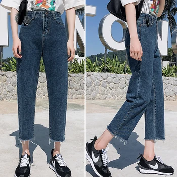 Plus Velikost Fant Jeans Visoko Pasu Kavbojke Ženske 2021 Jeseni Priložnostne Naravnost Traper Hlače Vintage z Modro Črna Bela 10425