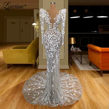 Muslimanski Večerne Obleke Abendkleider Eleganten Stranka Oblek Za Poroke Meri Biseri, Cvetje Iluzijo Dolgo Prom Obleke 2021