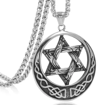 Mens Keltski Wicca Pentagram Star Amulet Ogrlico, Obesek iz Plemenitega Jekla Hexagram Ogrlica Verige 60-80 cm