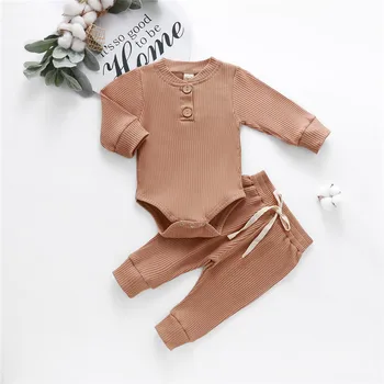 Za malčke Baby Girl Boy Oblačila Jeseni Belušno Trdna Dolg Rokav Bodysuits+ Elastične Hlače Hlače 2PCS Bombaž Homewear