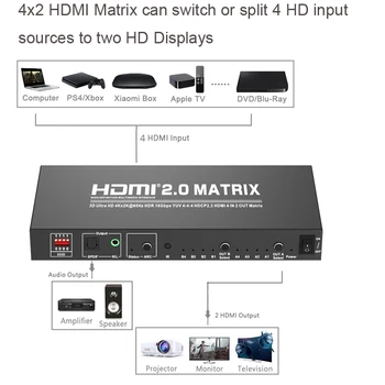4K 60Hz Matrika 4x2 Stikalo za Ločevanje 4 V 2 od 1080P 3D HDR LOKA SPDIF Audio Extractor HDMI je združljiv Video Pretvornik PC Za 2 TV