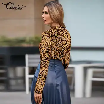 2021 Ženske Vrhovi Celmia Fashion Sexy Leopard Natisniti Majice Letnik Priložnostne Dolg Rokav Bluze Elegantno Bodycon Blusas Femininas 7