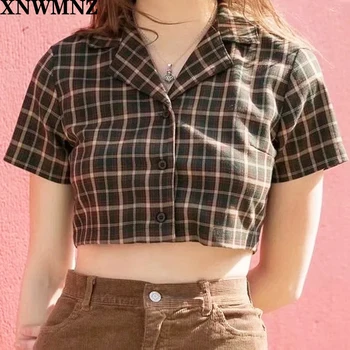 XNWMNZ Kariran Poletje crop zgornji del ženske kratek rokav kariran majica za ženske vintage bluze korejski gumb gor rokavi ženske 2020 za krilo