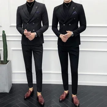 Moški Dvojno zapenjanje bo Ustrezala Dvema-kos Slim Moda Trak Jeseni Nova Socialna Podjetja, Priložnostne Temperament Britanski Veter Poročno Obleko