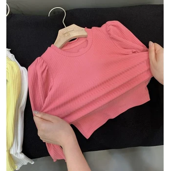 Baby Dekleta Dolgo rokavi T-shirt Pomlad Bombaž Vrhovi Tees Puff Rokav Dno Majica za Dekle, Otroci otroški Krog Vratu Oblačila