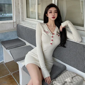 Pomlad Kawaii Pulover Obleko Ženske Elegantne Sladko Pletena Mini Obleka Ženska Priložnostne Češnja Tiskanja Japonski Korejski Obleki Ženske 2021