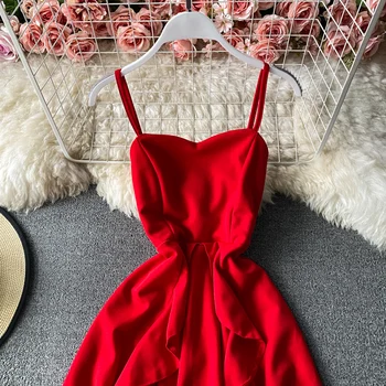 Vintage Črna/Rdeča Nezakonitih Ruffle Stranka Dolga Obleka Ženske Seksi Big Zamahu, Brez Naramnic Vestidos Ženski 2021 Moda Pomlad Poletje