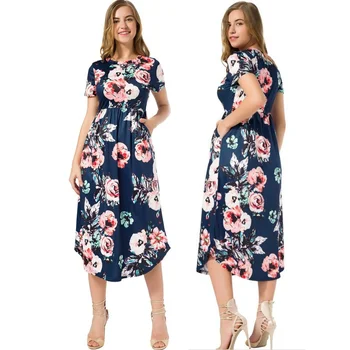 2020 Novo Pomlad Poletje Boho A-Line O-Neck Ženske Obleke Cvetlični Naguban Sredi Tele Priložnostne Obleko Lady Ženska Obleka z Zadrgo GV879