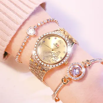 Luksuzni Diamond Dame Watch Nastavite 3pcs Obleko Cvet Quartz Ženske ročne Ure, iz Nerjavnega Trak nakit Darila Ženske zegarek damski reloj