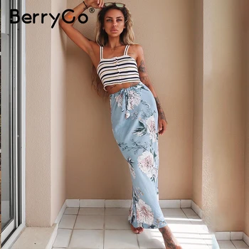 BerryGo Bohemian cvjetnim tiskanja krila ženske 2020 Poletne počitnice na plaži krilo dolgo Krilo kravato pasu do suh svinčnik boho krilo ženske