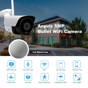 Anpviz 5MP WiFi IP Kamera, Bullet Wirelese Varnostne Kamere Card Slot Vgrajen Mikrofon Zvočnik Two-way Audio IP66 Vse-kovinski