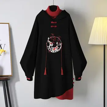 Kitajski Tradicionalni Slog Hoodies Harajuku Visoko vratom Majica Obleka Ženske Jeseni Cheongsam Stranke Obleke Debele Dolgo Haljo