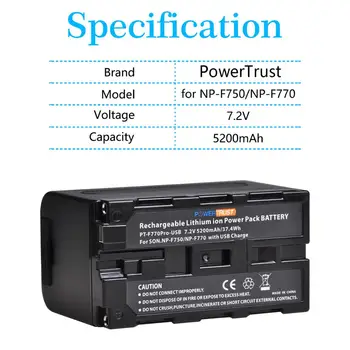 PowerTrust 5200mAh NP-F750 NPF750 NP F750 F730 F770 Baterijo, USB Izhod z LED Indikator Napajanja za Sony CCD-TRV215 CCD-TR917