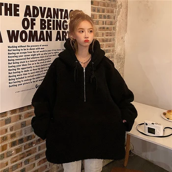 Umetno Runo Oversize Jeseni, Pozimi Moda za Ženske Majica hoodie plašč Pol Zadrgo korejski Soild Dolgimi Rokavi Ženske Obleke 2020