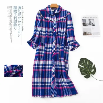 Shuchan Pomlad Jesen Plus Velikost Ženske Sleepwear Obleko S 3/4 Rokavi Bombaž Kariran Vsakdanje Nightgown Na Kolena Saias