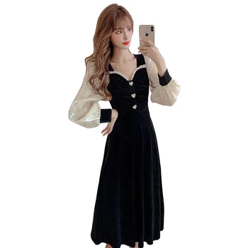 COIGARSAM francoskem Slogu Žensk enodelno obleko korejski Novo Vintage Obleke Črne 635