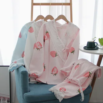 Japonski kimono zračni sloj rdeči listi poroda obleko nastavite nosečnice, poporodna gospodinjski pižamo nastavite ženske zdravstvene nege pyjama