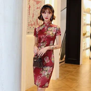 2020 Poletje Novo Vintage Izboljšano Kitajski Slog Cheongsam Kratko Krilo Elegantno Vitek Cvetlični Priložnostne Qipao Plus Velikost 3XL 4XL