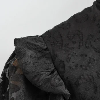 Aachoae Ženske Modni Leopard Tiskanja Bluze 2020 Pregleden Puff Dolg Rokav Ruffle Majica Črna Eleganten Top Bluzo Blusas Mujer