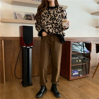 Leopard Ženske Pulover z Dolgimi Rokavi O-vratu Vzročno Potegnite Femme 2020 Jeseni, Pozimi korejski Vzročno Pleteni Pulover Vrhovi