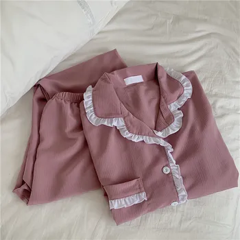 Ruffles roza pižami sklop priložnostne svoboden jeseni doma obleko z dolgimi rokavi pižame hlače sleepwear 2 delni set salon obrabe Y147