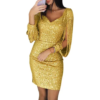 Ženske V Seksi Top Plus Velikost Stranka Mini Obleka Dnu Tassel Zlato Bleščica Povoj Obleke Lady Nočni Klub Luksuznih Modnih Vestidos