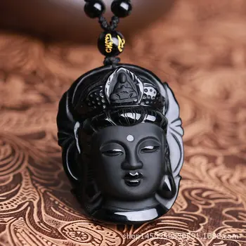 Črna Naravnega Kamna Obsidian Guanyin Buda Ogrlico, Obesek Za Moške In Ženske Srečo, Amulet Sreče Kristalni Nakit