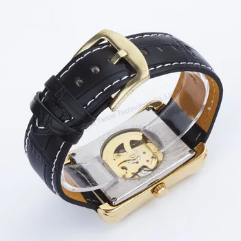 Moški Zlato in Srebrno Barvo Retangle Izbiranje Self-navijanje Watch Modni Črno Usnje Samodejno Okostje Watch