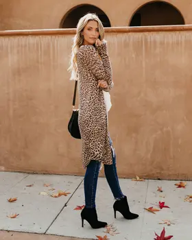 2019 Jeseni Jopico Ženska Moda Slim Leopard Kimono Jopico Odpri Prednji Boho Camo Dolgi Rokav, Dolge Maxi Jakno Plašč Womens