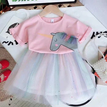 2020 Poletje Dekliški Kompleti Oblačil Elegantno Princesa Stranka Živali, T-Shirt+Gradient Gaza Krilo 2PCS Baby Otroci, Otroci, Oblačila, ki