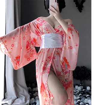 Seksi Gejša Kimono za Ženske Japonski Modni Svoboden Svile Yukata Obleko Povoj Letnik Elegantno Šifon Sakura kopalni Plašči Cardigan