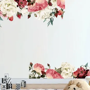 Peony Rose Cvetje Stenske Nalepke Rdeče barve z Belo Barvo Cvet Art Vrtec Decals Otroški Sobi Notranje opreme Decals Ozadje