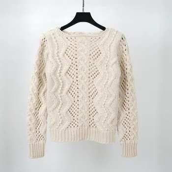 S2017 nov modni visoke kakovosti volne dolg rokav kvačkanih strani beading o-vratu pletenje pulover mehke pletenine puloverji