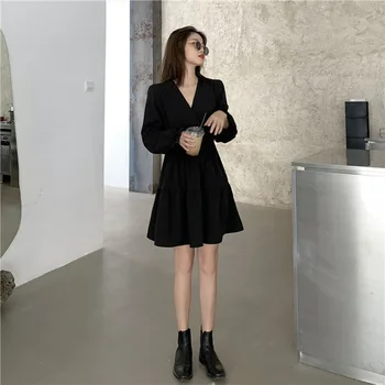 Dolg Rokav Črna Obleka Ženske Naguban Proti-vrat Priložnostne Midi Obleke Elegantna Ženska korejskem Slogu Ulične Vintage Retro Vestidoes