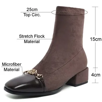 Moda Zimske Ženske Škornji Črni Stretch Jate Mozaik Priložnostne Lady Kovinske Verige Kvadratni Toe Srednje Pete Slip-on Kratek Boot