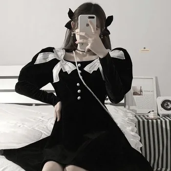 Japonski Harajuku Letnik Gothic Punk Stil Ženske Obleke Pomlad 2021 Novo Črno Redno Kvadratnih Ovratnik Lok Velvet Ženske Obleke