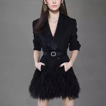 Nova Črna ženska Obleka 2019 Zimski Modni Dolg Rokav Pero Pasu Slim Celebrity Obleko Stranka vzletno-pristajalne Steze Obleko Vestidos