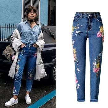 2021 Novih Modnih ženskih Oblačil Ravne Dolge Jeans Hlače 3D Cvetje Vezenje Visoko Pasu, Ženske Vitek Jeans Hlače Legging