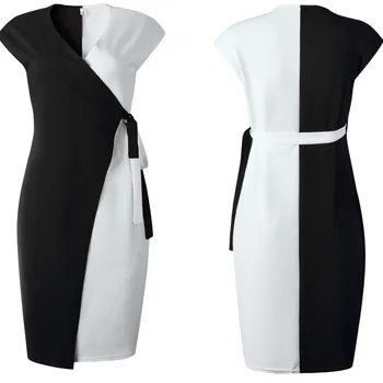 Črno Bel Mozaik Obleke z Sashes Koleno Dolžina Urad Ženske Elegantne Classy Skromna Ženska Vestidos Nove Modne Obleke 2021